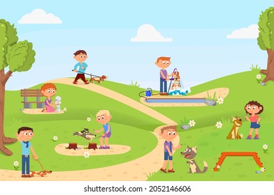 Walking in park. Outdoor dog playground, children walk with pets. Boy wash puppy, kids training dogs. Cute cartoon active characters decent vector scene