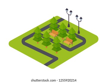 Walking park of rest, entertainments and children's attractions. Recreation park with a walking road, with benches, lanterns, the surrounding landscape. Isometric vector.