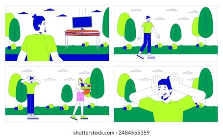 Zu Fuß in Parksituationen Cartoon flache Illustration Set. Kaukasischer Mann und Frau im Stadtgarten 2D-Linie Zeichen bunten Hintergrund. Lifestyle-Szene Vektorgrafik Storytelling Bild Kollektion