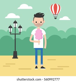 Walking in the park. Young bearded man eating a cotton candy / editable flat vector illustration