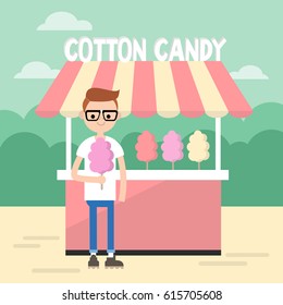Walking in the park. Young nerd eating a cotton candy / editable flat vector illustration