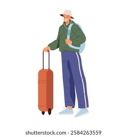 Walking passenger holding luggage and carrying bag on shoulder. Vector isolated traveling man wearing hat. Going on vacation or trip alone. Holiday or weekends, commuting or waiting for transport