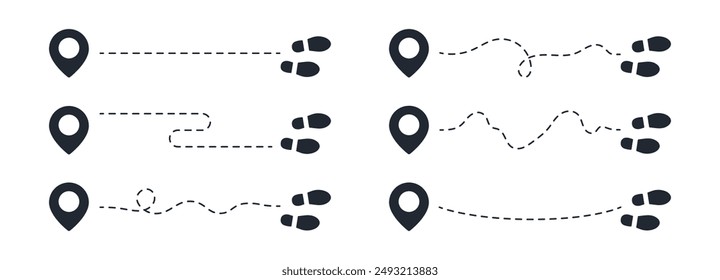 Recorrido de sendero con huella y Ilustración vectorial de puntero de mapa gps aislado sobre fondo blanco