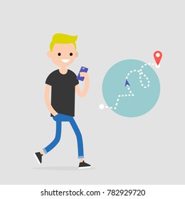 Walking pedestrian. Young character using an electronic map to navigate in the city. GPS technology. Flat editable vector illustration, clip art