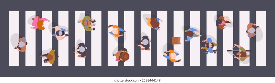 Walking pedestrians. People crossing road view from above, characters on crosswalk, men and women walk down the street top view flat vector illustration. Male and female passersby crossing road