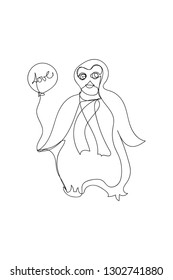A walking penguin with an air balloon continuous line vector illustration. Doddle cartoon penguin one line style sketch
