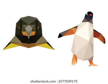 Walking Penguin and Penguin Face front view in polygonal low poly vector. Angry penguin face logo abstract triangle polygon. penguin Illustration graphic vector