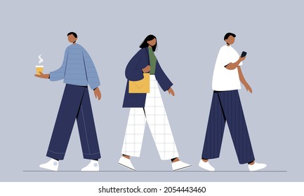 Walking people. Business men and women walk side profiles, people in seasonal and office clothes. Young and elderly moving stylish characters. Walkers isolated vector illustration icons set
