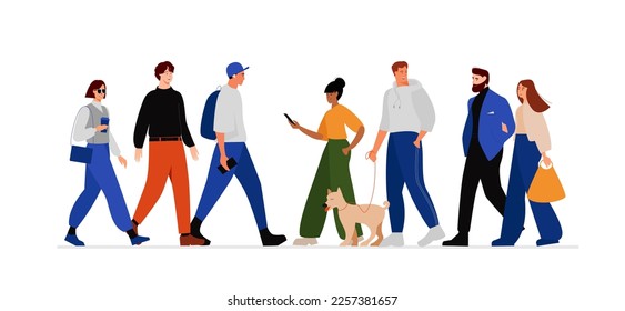 Walking people. Characters and couple walk. Men And Women Crowd of pedestrians. A man walks a dog. Flat vector illustration isolated on white