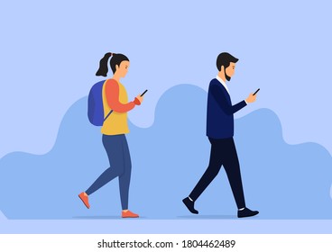 Gente caminando revisando el teléfono móvil. Ilustración de diseño plano del vector