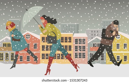 Walking people in the city -modern concept illustration of men and women, walking under the snow in the street against the background of urban snowy houses. Vector cute flat hand-drawn.