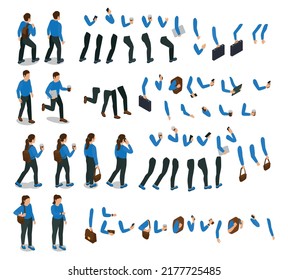 Walking People Constructor Isometric Set Of Characters And Different Body Parts Isolated Vector Illustration