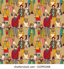 Walking people and dogs color seamless pattern. Big group of pets with people. Seamless pattern. Color vector illustration. EPS8
