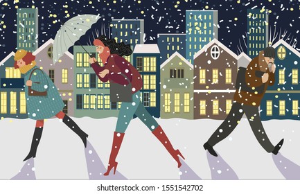 Walking people in the evening city - modern concept illustration of men and women walking under the snow on the street against the background of urban houses and glowing windows. Vector hand drawn.