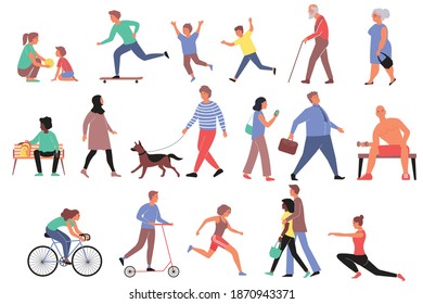 Walking people flat set of various ages human characters performing outdoor activities isolated vector illustration