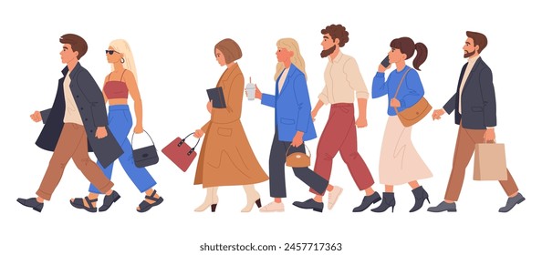 Gente caminando en grupo. Hombres y mujeres caminando, yendo a la oficina o de compras, estudiantes, hombres de negocios o turistas caminan Ilustración vectorial plana. Peatones caminan juntos