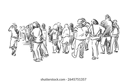 Walking people hand drawing sketch illustration of different people. High detail outline, thin line art, hand drawn sketch, black and white ink style.