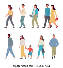 walking people. male an female urban characters in casual clothes moving vector illustration in flat style