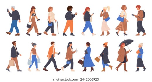 Walking people. Men and women going to office, shopping or walking, pedestrians walk, student, businessman or tourist walk together flat vector illustration set. People diverse crowd characters