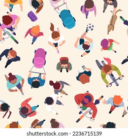 Walking people pattern. Characters top view running and walking exact vector seamless background