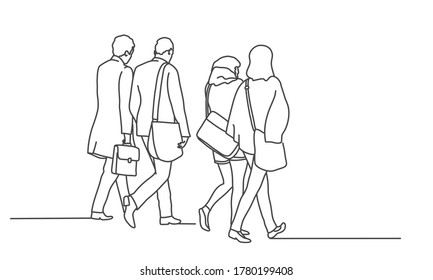 Walking People. Rear View. Line Drawing Vector Illustration.