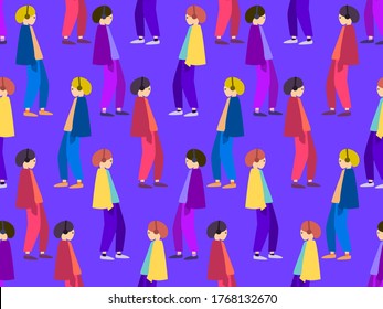 Walking people seamless pattern. People in headphones listen to music, dressed in colorful clothes. Pop art style color. Vector illustration