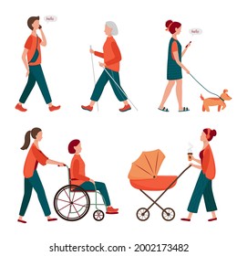 Walking people set. Flat characters walking with dog outdoor, mom with pram, elderly woman on Scandinavian sticks, wheelchair woman. Young and elderly moving stylish characters. 