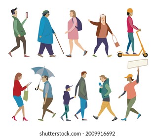 Walking people set. Men and women, elderly and young, on foot and on scooter, with umbrella and phone, adults and a child.