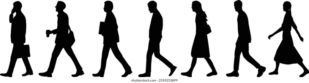 walking people silhouette on white background, vector