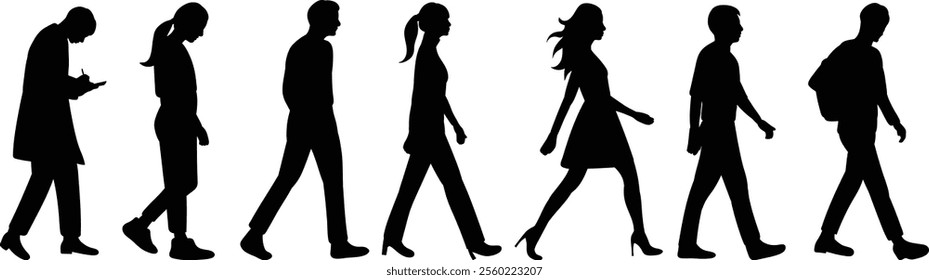 walking people silhouette on white background, vector