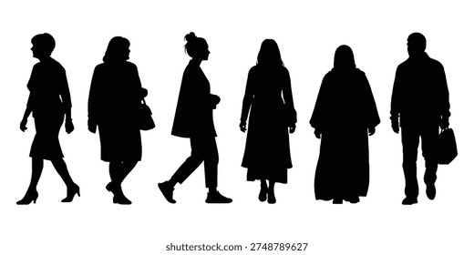 Walking people silhouettes set men and women walking different poses black silhouette vector illustration