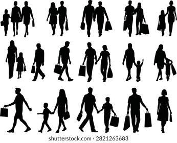 Walking people silhouettes, shopping activity vector, family with bags clipart, everyday lifestyle icons, pedestrian pose illustration set