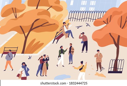 Walking people spend time in autumn city park. Modern characters stroll and rest outdoors. Seasonal recreational activity at public place. Flat vector cartoon illustration