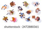 Walking people top view. Diverse people group view from above, male and female characters flat vector illustration set. Men and women walking top view