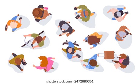 Walking people top view. Diverse people group view from above, male and female characters flat vector illustration set. Men and women walking top view