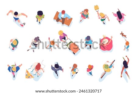 Walking people top view. Overhead person silhouette aerial map, above society community target group businessman run man with backpack phone walk woman classy vector illustration of people isolated