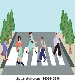 Walking people in trendy outfits in flat linear style for decorative aims