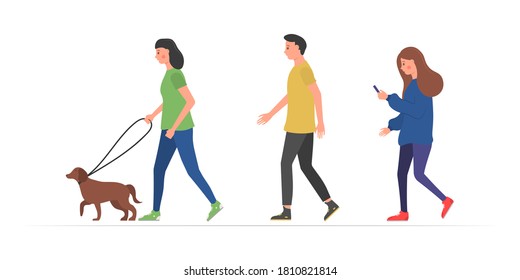 Walking people. Various characters outdoors physical activity. People on the street in different activity situations - dog walking, running, relaxing. Humans strolling with smartphones, vector. 