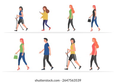 Walking person illustration. Active adults and kids in street park setting. Vector design with trendy characters walking dogs, riding bikes and running. Urban lifestyle concept with cheerful diverse g