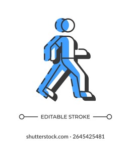 Walking person offset shadow line icon. Pedestrian strolling. Personal physical security. Active lifestyle. Bold outline symbol with solid blue fill. Modern flat illustration. Editable stroke