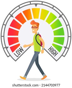 Walking person and scale from low speed to high. Time measurement of marathon. Progress and success towards goal. Result of efforts of person in training, his achievements. Hiker walks distance