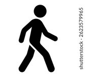 Walking person vector icon. Pedestrian symbol or walk sign for navigation, street safety, or urban movement. Black silhouette isolated on white background.