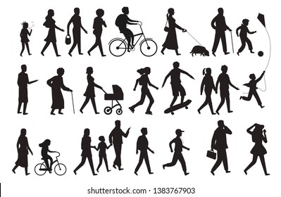 Walking persons silhouette. Group people young woman lady and child walking family isolated vector black figure set