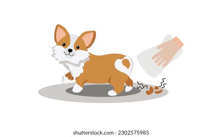 Gehen mit einem Haustier. Reinigen Sie den Hundekap mit einem Plastikbeutel und werfen Sie ihn in die Mülltonne.  Eine Möglichkeit, nach dem Haustier während des täglichen Spaziergangs aufzuräumen. Cute Cartoon Hund. Corgi-Rasse. Vektorgrafik.
