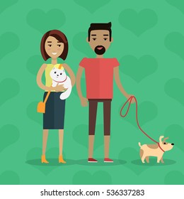 Walking with pets vector concept. Flat design. Young caucasian woman with cat on hands stroll with black man with dog on leash. Care of domestic animals. On green background with hearts