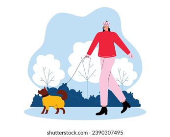 Walking with pets, woman and her dog having fun, winter vector illustration.