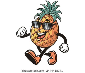 walking Pineapple wearing sunglasses cartoon mascot illustration character vector clip art hand drawn