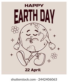 Walking planet in retro groovy style. Earth Day. April 22. Vector. Hippie 70s, 80s. Funky cute poster. Care and loving the planet. Eco saving. Environment. Psychedelic globe. Smile. Nostalgia concept