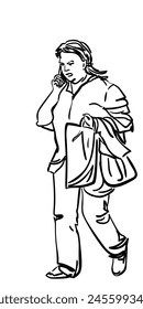 A walking plump woman carrying a bag and outerwear on her arm, talking on a mobile phone, Vector sketch isolated, Hand drawn illustration