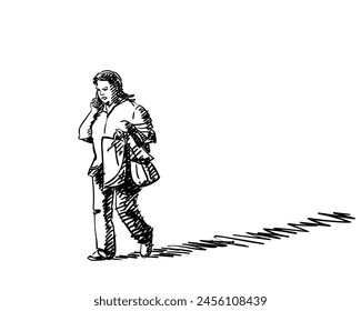 A walking plump woman carrying a bag and outerwear on her arm, talking on a mobile phone, casting a long shadow, Vector sketch isolated, Hand drawn illustration